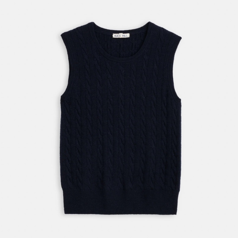 ALEX MILL Mini Cable Shell In Lightweight‎ Alpaca In Navy Sweater Vest Size L